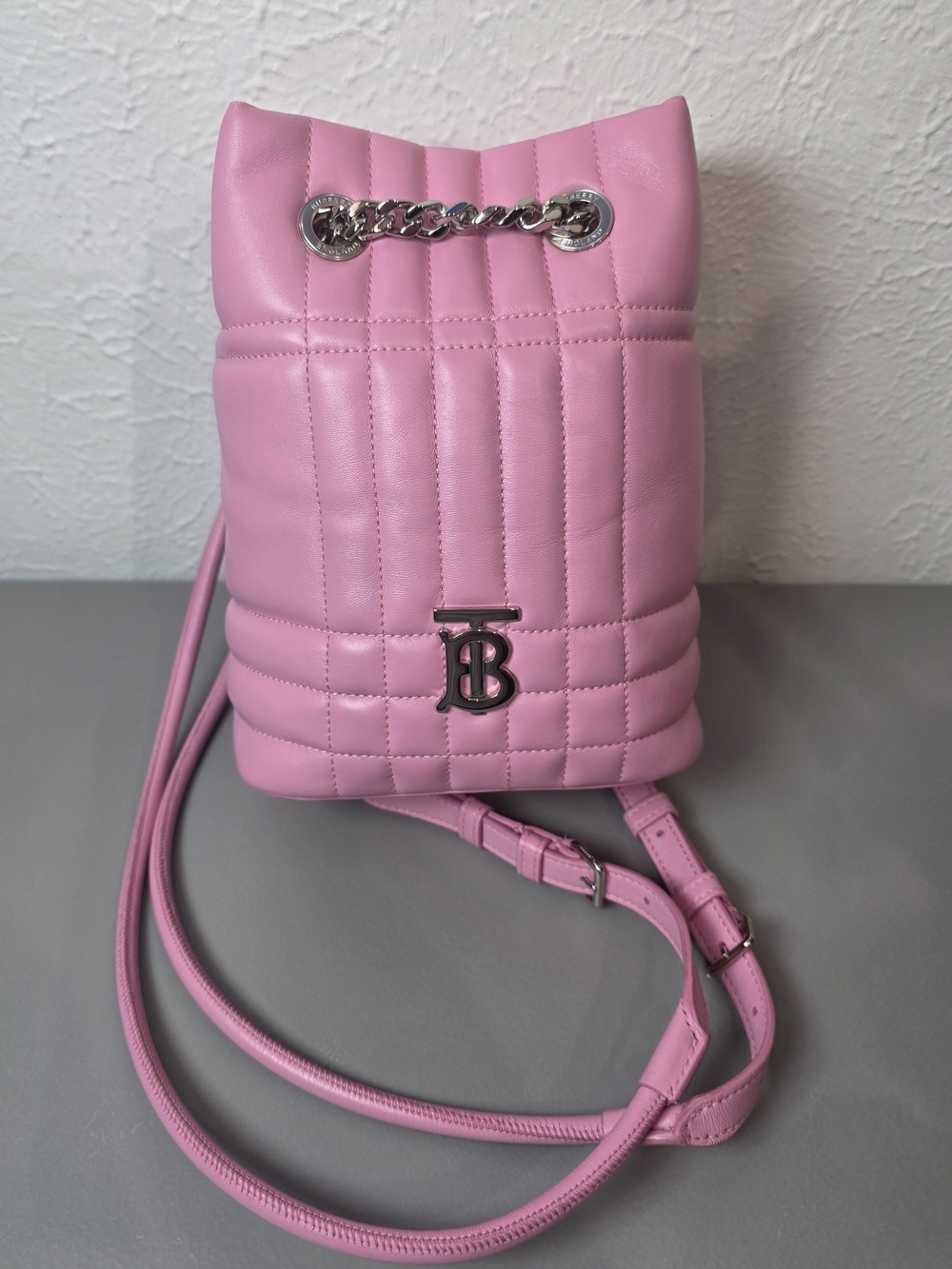 Burberry Pink Quilted Bucket Backpack with Silver TB Logo
